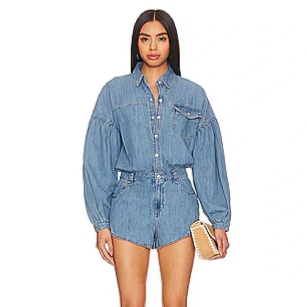 FREE PEOPLE Denim Button-Up Romper